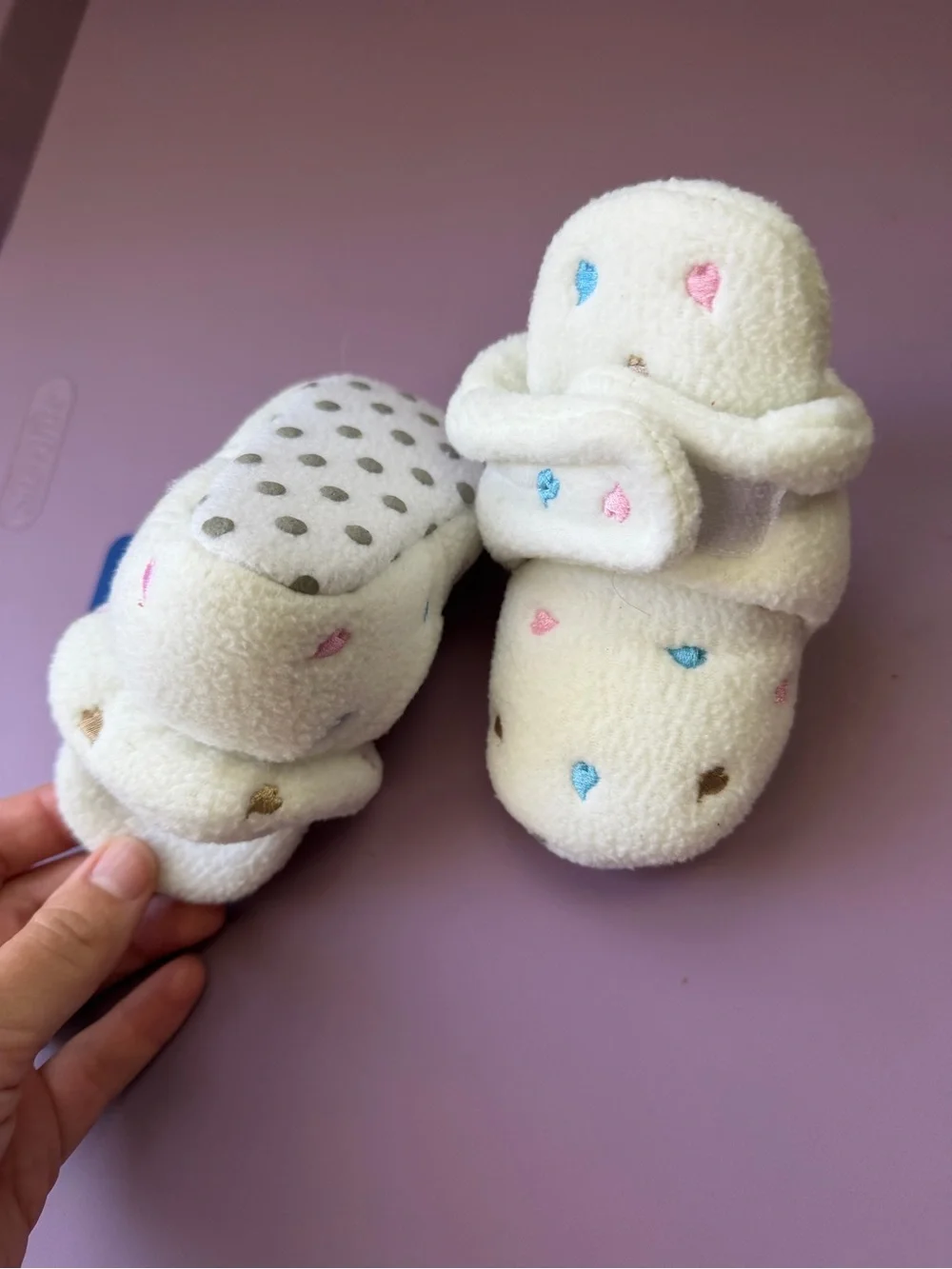 Cream Baby Crib Shoes with Pink & Blue Hearts